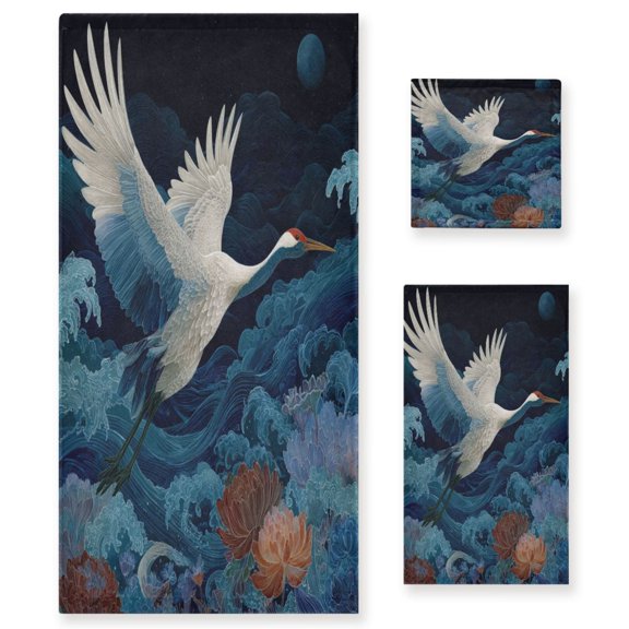 Three-Piece Towel Set Face Towel Towel Set Hand Towel Bath Towel Cotton Bath Towels Bath Towel Sets Hand Bath Towels White Crane Moonlight