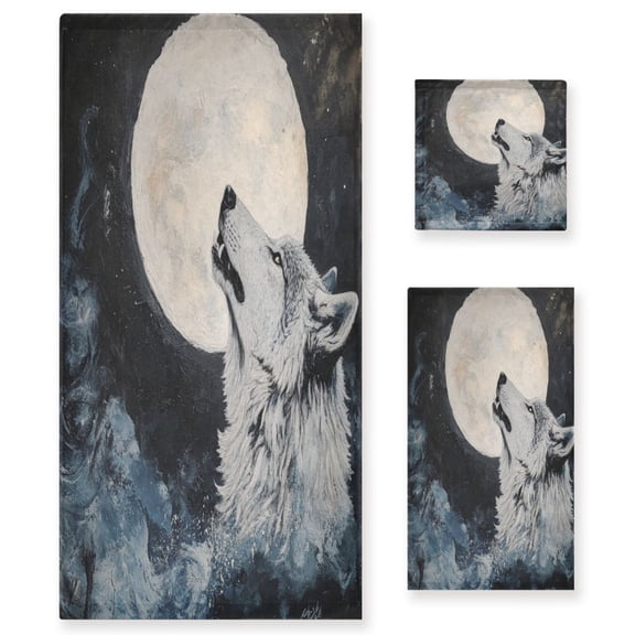 Three-Piece Towel Set Face Towel Towel Set Hand Towel Bath Towel Cotton Bath Towels Bath Towel Sets Hand Bath Towels White Wolf under The Moon