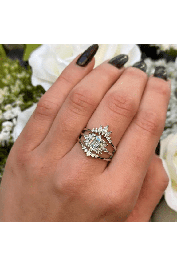 Three Piece Vintage Diamond Halo Wedding Ring Set in 925 Sterling Silver - Birthday Anniversary Ring For Wife