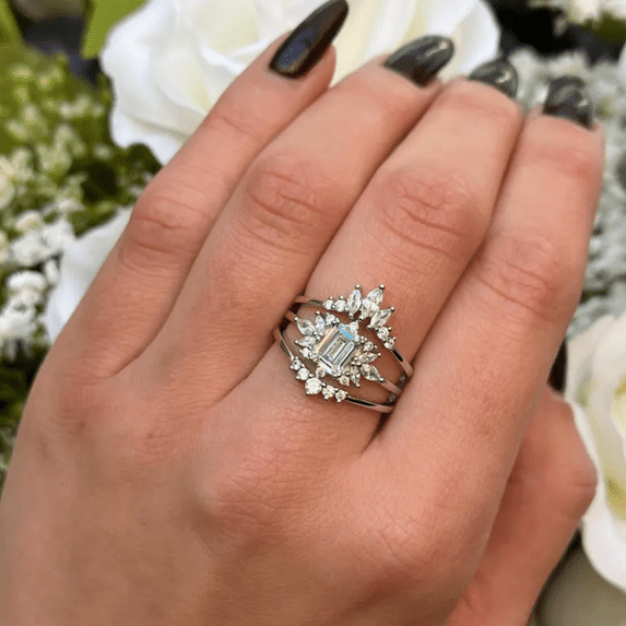 Three Piece Vintage Diamond Halo Wedding Ring Set in 925 Sterling Silver - Birthday Anniversary Ring For Wife
