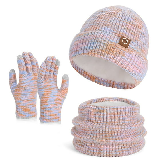 Three Piece Warm Cold Weather Set for Women Multicolor Knitted Beanie Neck Warmer Fleece Lined Touchscreen Gloves Pink Free Size