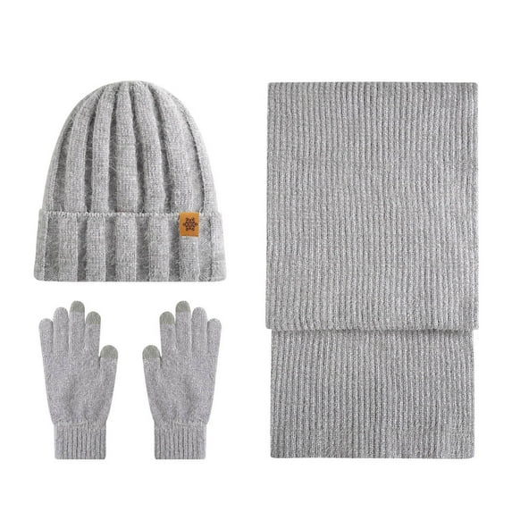 Three Piece Warm Cold Weather Set for Women Striped Solid Cable Knit Beanie Long Scarf Gloves Gray Free Size