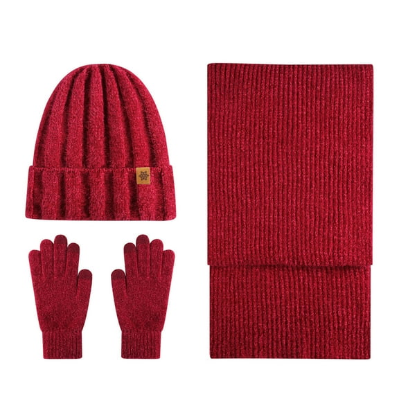 Three Piece Warm Cold Weather Set for Women Striped Solid Cable Knit Beanie Long Scarf Gloves Red Free Size
