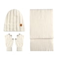 thumbnail image 1 of Three Piece Warm Cold Weather Set for Women Striped Solid Cable Knit Beanie Long Scarf Gloves White Free Size, 1 of 8