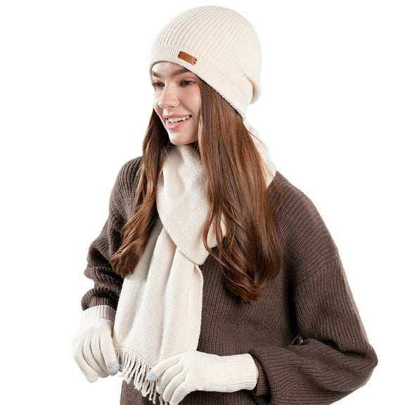 Three Piece Women's Cable Knit Beanie Long Scarf and Gloves Soft Warm Thick Winter Accessory Beige Free Size