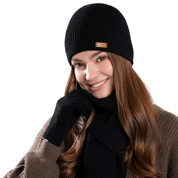 Three Piece Women's Cable Knit Beanie Long Scarf and Gloves Soft Warm Thick Winter Accessory Black Free Size