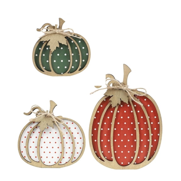 Three-Piece Wooden Pumpkin Fall Decor Set, Rustic Design With Classic Silhouette And Polka Dot Patterns, Perfect For Mantel Shelf Dining Table Entryway Tiered Tray