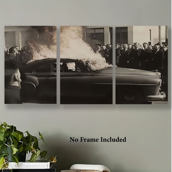 Three Pieces of Posters And Printed Materials, Unframed Canvas Art Depicting a Crowd Gathered Around a Burning Car, Suitable for Decorating Homes, Offices, Bars, Cafes, Classrooms, And Dormitories.