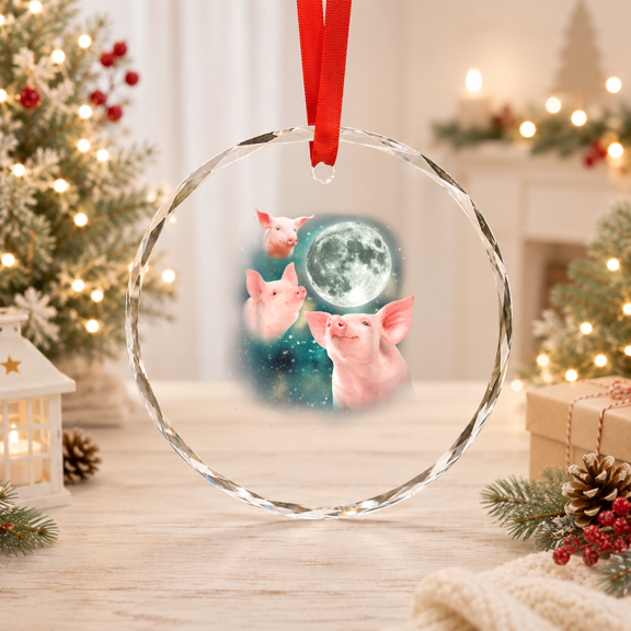 Three Pig Moon 3 Miniature Pigs Howling Swine Weird Piggy Classic Theme Glass Ornament