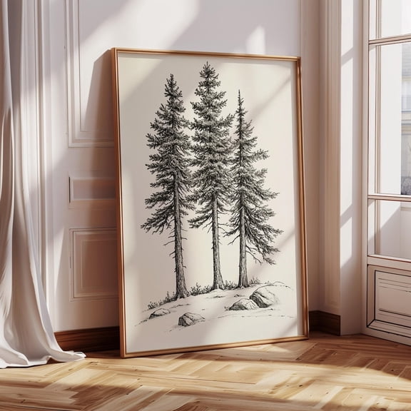 Three Pine Trees Ink Drawing, Black And White Forest Line Art Print, Minimal Nature Wall Decor For Rustic Cabin Or Woodland Style UNFRAMED
