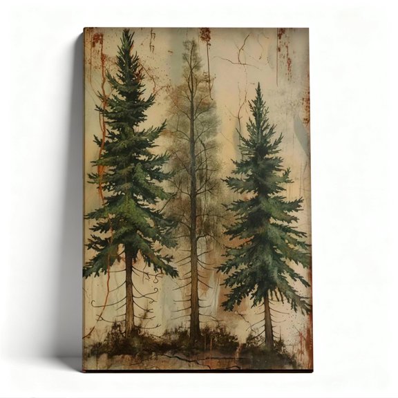Three Pines Vintage Canvas Wall Art, Rustic Forest Decor, Textured Nature Artwork for Cabin, Ready to Hang