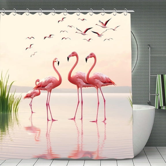 Three Pink Flamingos in Center Dancing in Water Shower Curtain 70.8x70.8 Inch,Bathroom Shower Curtain,Home Waterproof Fabric Shower Curtain Bathtub Decor with Hooks
