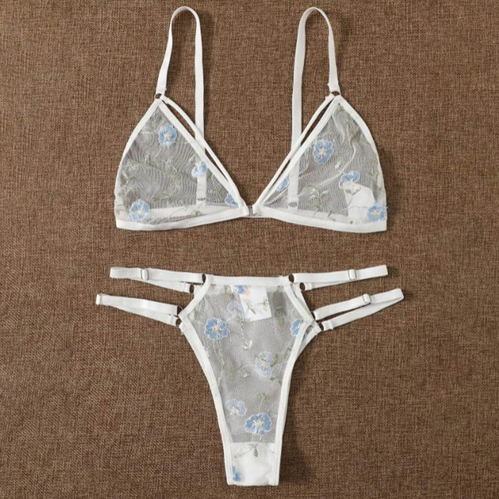 Three Point Embroidery Flower Bra Underwear Split Set Lingerie Open Cup ...