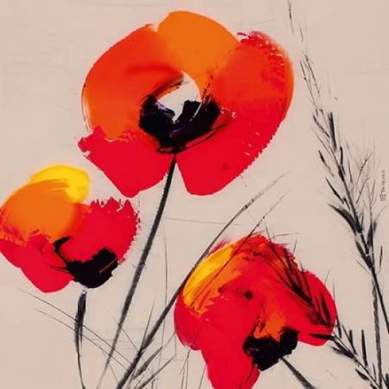 Three Poppies - Grey Canvas Art - Tibi Hegyesi (24 x 24)