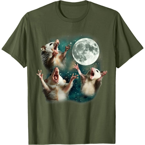 Three Possum Moon 3 Opossum Funny Weird Meme Unisex T-Shirt for Men Women Kids Toddler,Military Green Color,Size YM