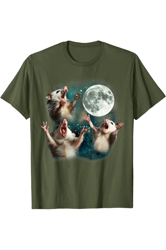 Three Possum Moon 3 Opossum Funny Weird Meme Unisex T-Shirt for Men Women Kids Toddler,Military Green Color,Size YM