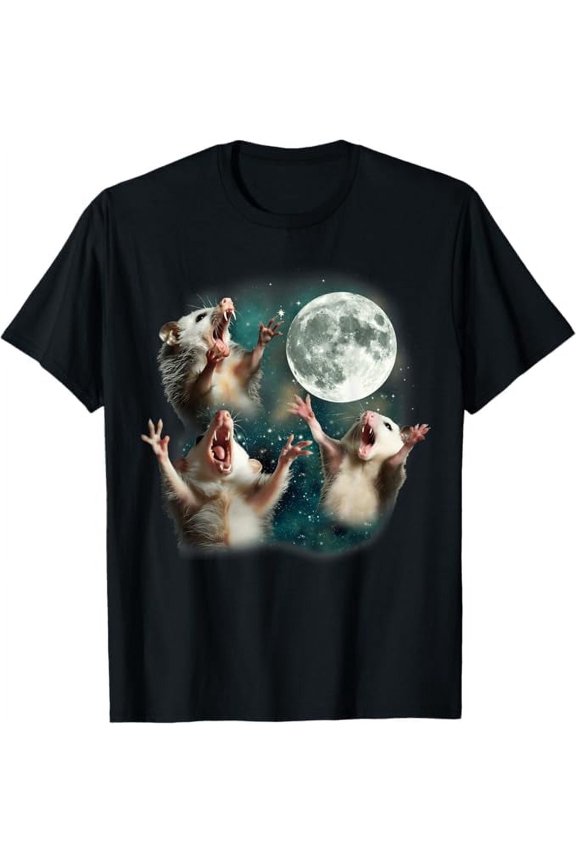 Three Possum Moon Howling at Moon Funny Weird Cursed Meme Tshirts Unisex Men Women Crew Neck Short Sleeve Shirt