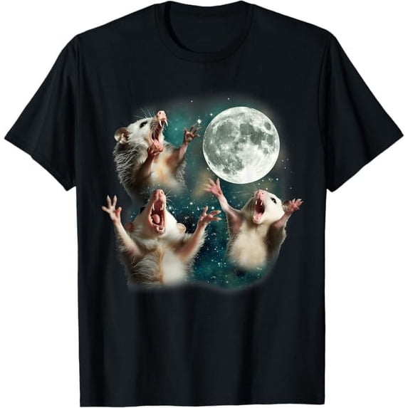 Greenink Three Possum Moon Howling at Moon Funny Weird Cursed Meme Tshirts Unisex Men Women Crew Neck Short Sleeve Shirt