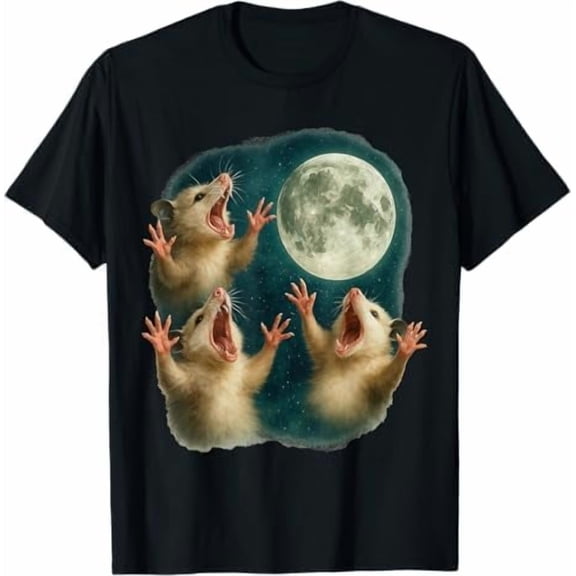 Three Possum Moon Howling at Moon Funny Weird Cursed Meme Tshirts Unisex Men Women Crew Neck Short Sleeve Shirt