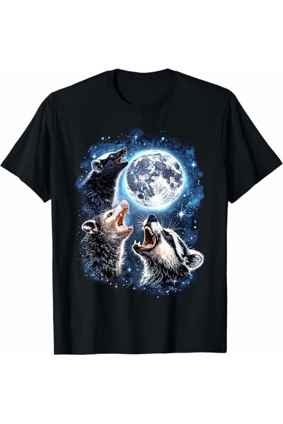 Three Possum Moon Howling at Moon Funny Weird Cursed Meme Tshirts Unisex Men Women Crew Neck Short Sleeve Shirt