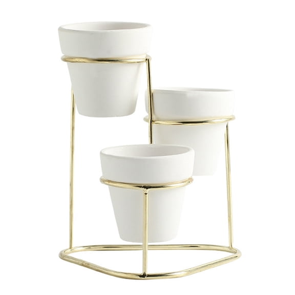 Three Pot Cascade Home Office Bathroom Table Decor Ceramic Flower Pot with Metal Plant Stand Small for Succulent Clean Modern Nature Planter