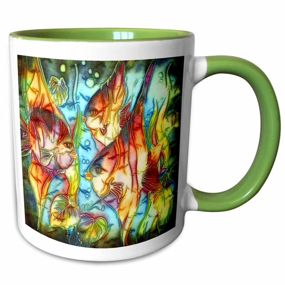 3drose, Three Pretty Angelfish Underwater Animal Nature Digital Ocean Art, 15oz Two-tone Green Mug
