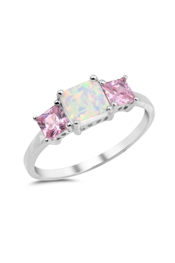 Three Princess Cut Pink Cubic Zirconia White Simulated Opal Ring Sterling Silver Size 8