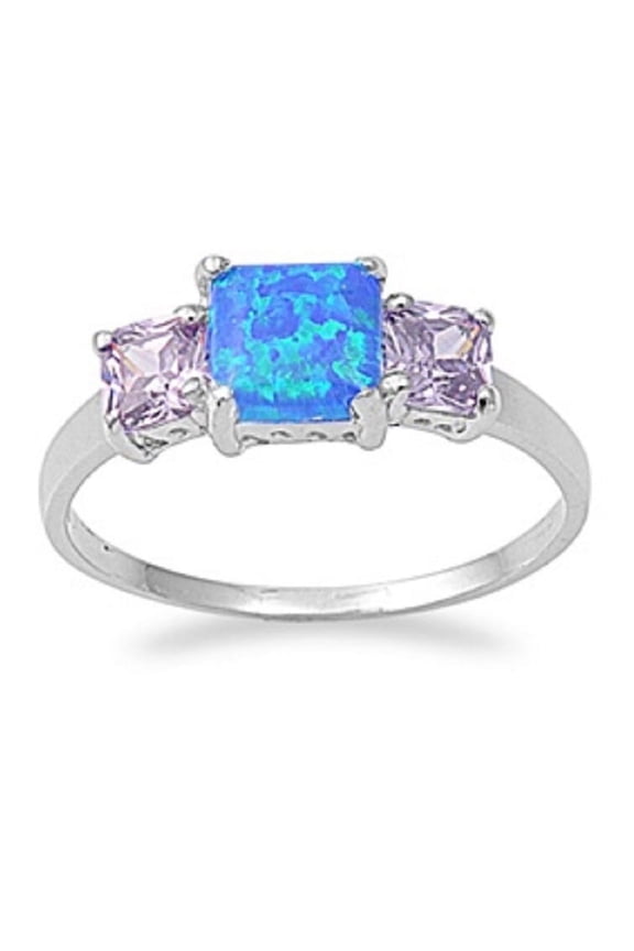 Three Princess Cut Simulated Amethyst Cubic Zirconia Blue Simulated Opal Ring Sterling Silver Size 9