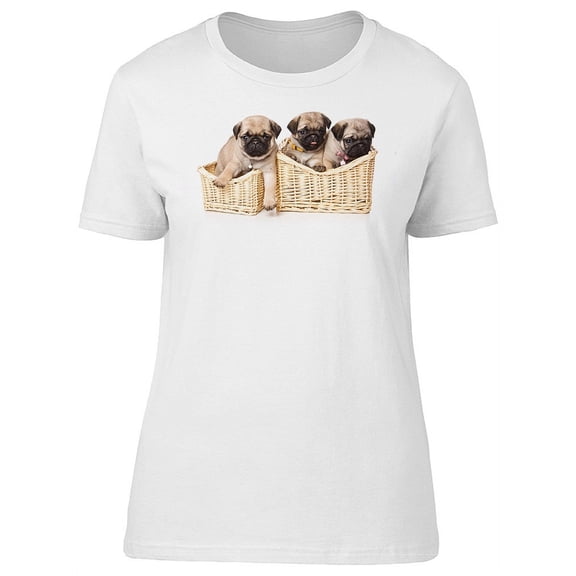 Three Puppy Pugs In A Basket T-Shirt Women -Image by Shutterstock, Female x-Large