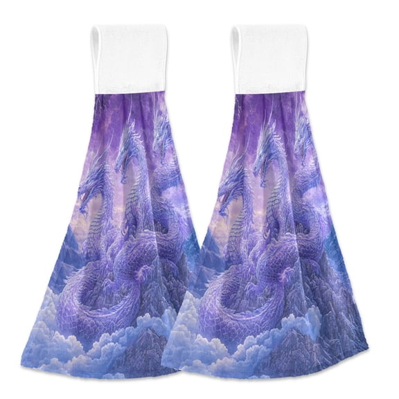 Three Purple Dragons on Mountains Flash Hanging Towels with Loop Hand Towels Nylon Fastener Tape Design Dish Cloths 2 Pieces