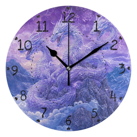 Three Purple Dragons on Mountains Flash Round Wall Clock Silent Analog Battery Operated Black Pointer Home Decor 9.84" Diameter