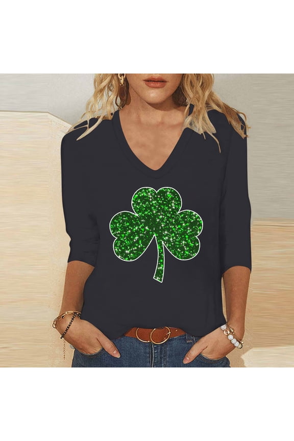 Three Quarter Length Sleeve Tops for Women St Patricks Day Fashion Tops Shamrock Print Blouse Casual V Neck Pullover Tees