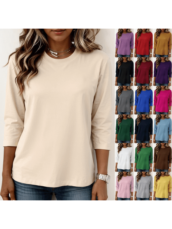 Three Quarter Length Sleeve Womens Tunic Tops Loose Crew Neck Fit Solid Basic Dressy Casual Spring Fall Work Shirts Red S