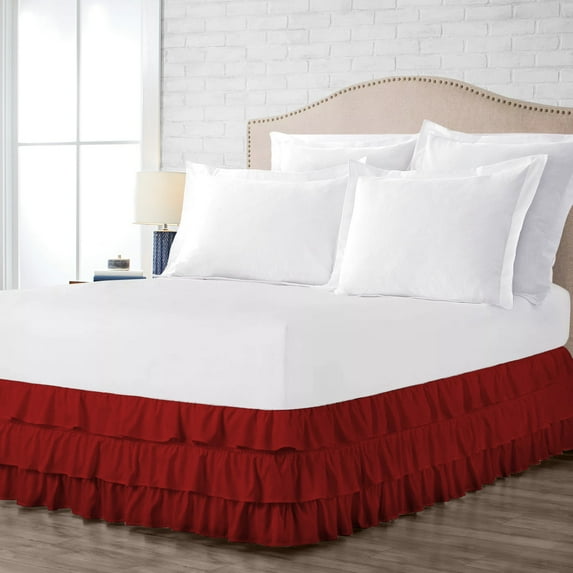 Three Quarter Size Tailored Drop Multi Ruffled Solid Bed Skirt with Adjustable Elastic Belt Microfiber Fabric Fade & Wrinkle Resistant Bed Frame Cover Easy to Fit & Care (11 Inch Drop, Burgundy)