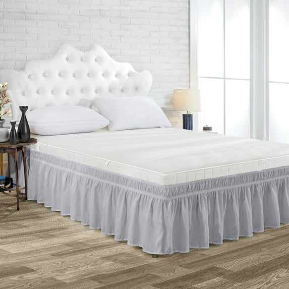 Three Quarter Size Tailored Drop Wrap Around Solid Bed Skirt with Adjustable Elastic Belt Microfiber Fabric Fade & Wrinkle Resistant Bed Frame Cover Easy to Fit & Care (28 Inch Drop, Light Gray)