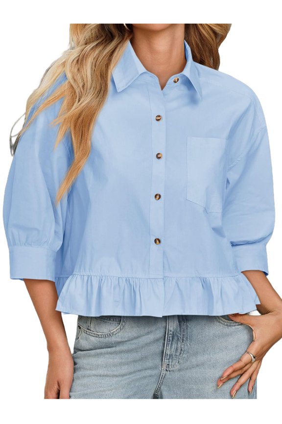 Three Quarter Sleeve Solid Color Women Ruffle Blouse Button Down Crop Tops