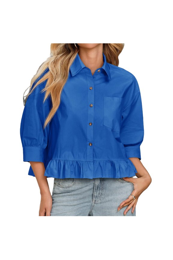Three Quarter Sleeve Solid Color Women Ruffle Blouse Button Down Crop Tops