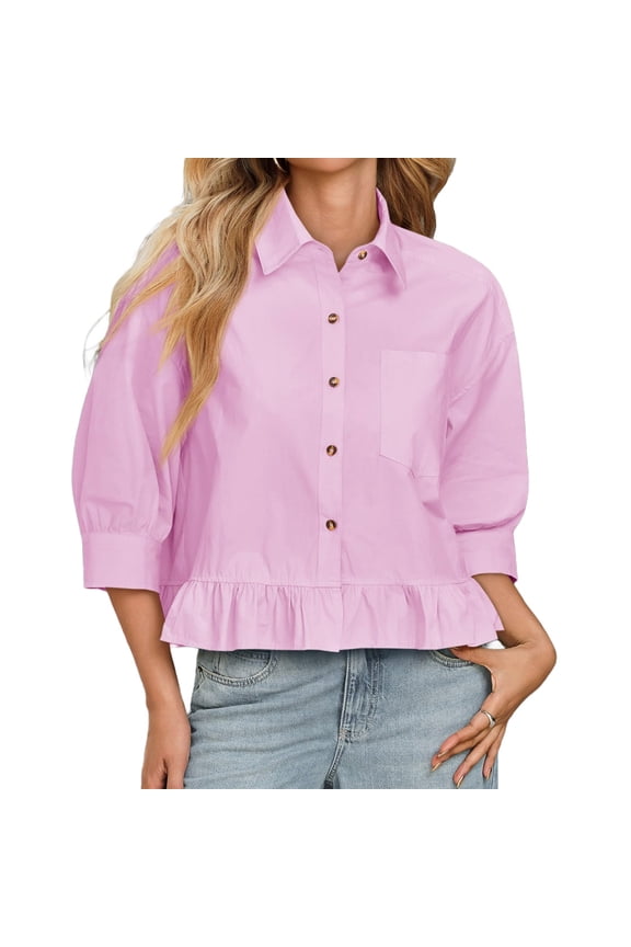 Three Quarter Sleeve Solid Color Women Ruffle Blouse Button Down Crop Tops