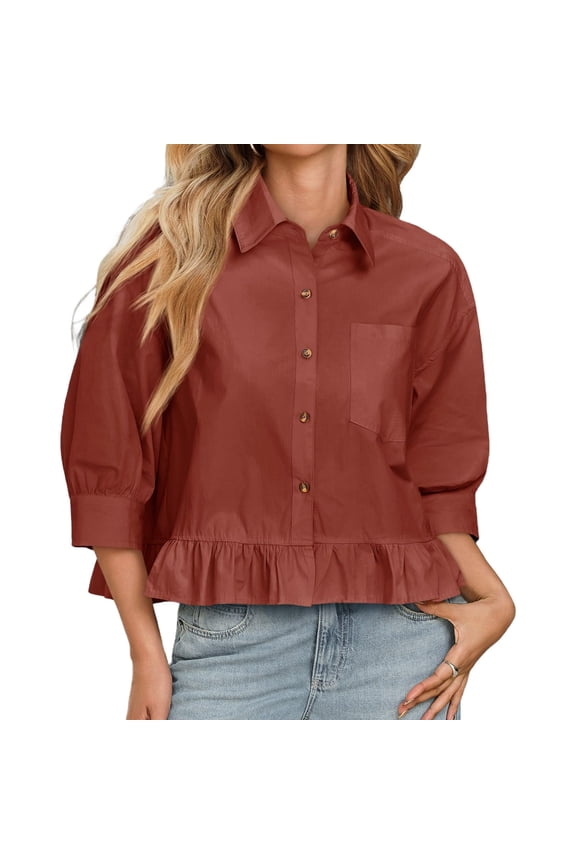 Three Quarter Sleeve Solid Color Women Ruffle Blouse Button Down Crop Tops