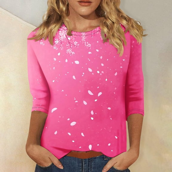 Three Quarter Sleeve Tops Women Dressy Casual Crewneck Basic Tee Shirts Fashion Floral Print Blouse Summer Pullover Tshirt