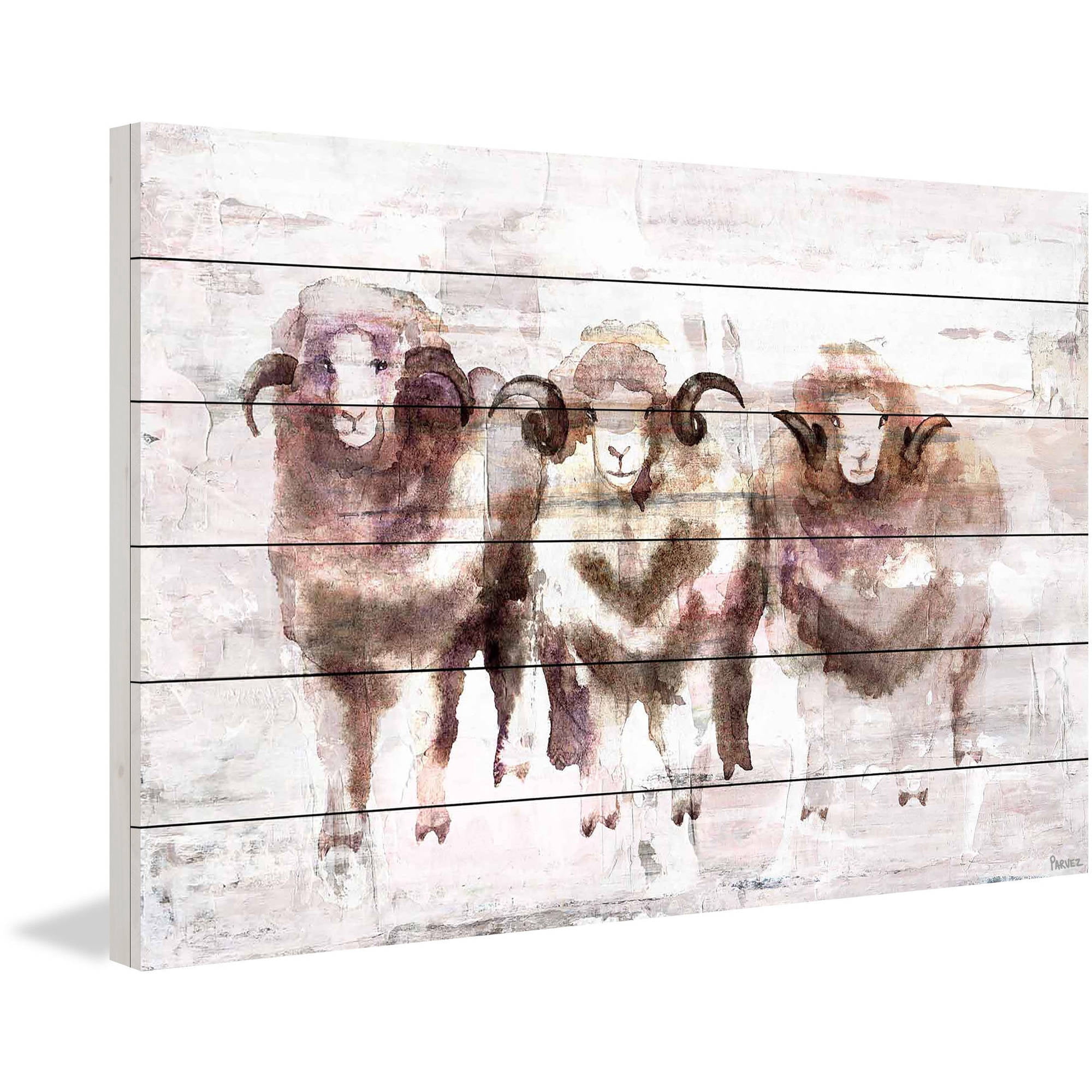 "Three Rams" Painting Print on White Wood