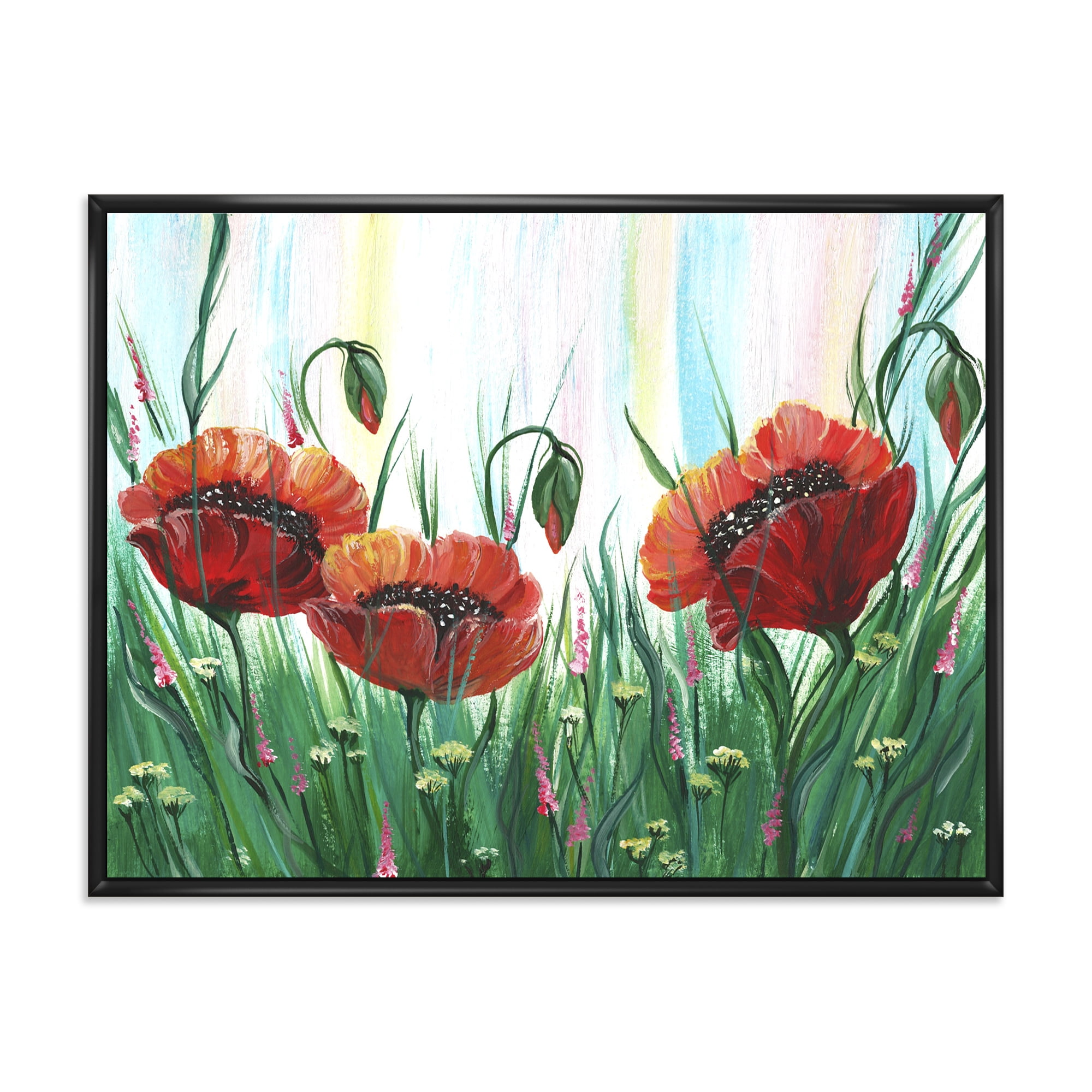 Three Red Bright Poppy Flowers On A Green Meadow 32 in x 24 in Framed Painting Canvas Art Print, by Designart