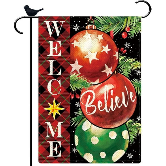 Three Red Jingling Bell Merry Christmas Garden Flag Burlap Small Vertical 12.5x18 Christmas Tree House Flag for Winter Christmas Farmhouse Outdoor Flag Decor