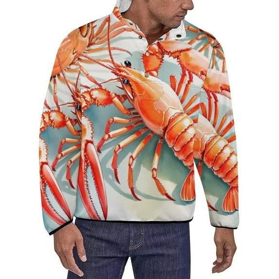 Three Red Lobsters Artwork Men's Stand Collar Sweater Long Sleeve Clothing Loose Fit Sports Sweater