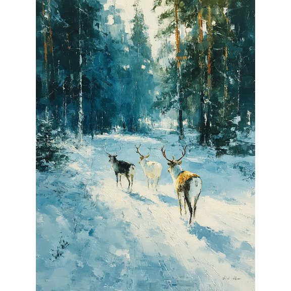Three Reindeer in Snow Forest Canvas Art, Winter Wildlife, Scandinavian Christmas Cabin Decor