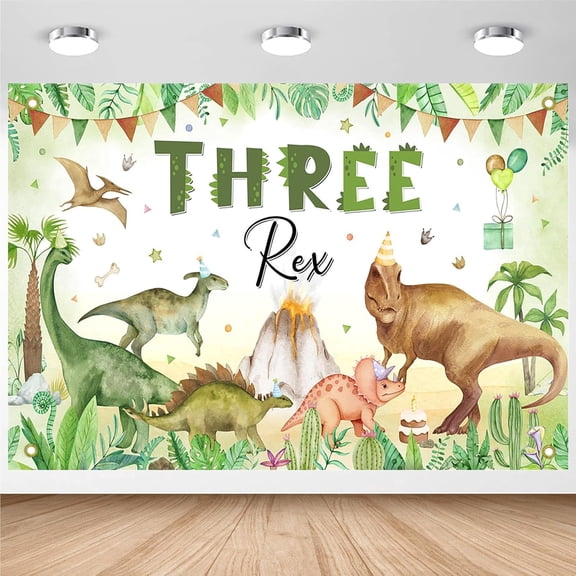 Three Rex Birthday Backdrop Green Tropic Leaves Three Rex Birthday Background for Boys Dinosaur 3rd Birthday Party Decorations Banner Supplies Photo Shoot Studio Props