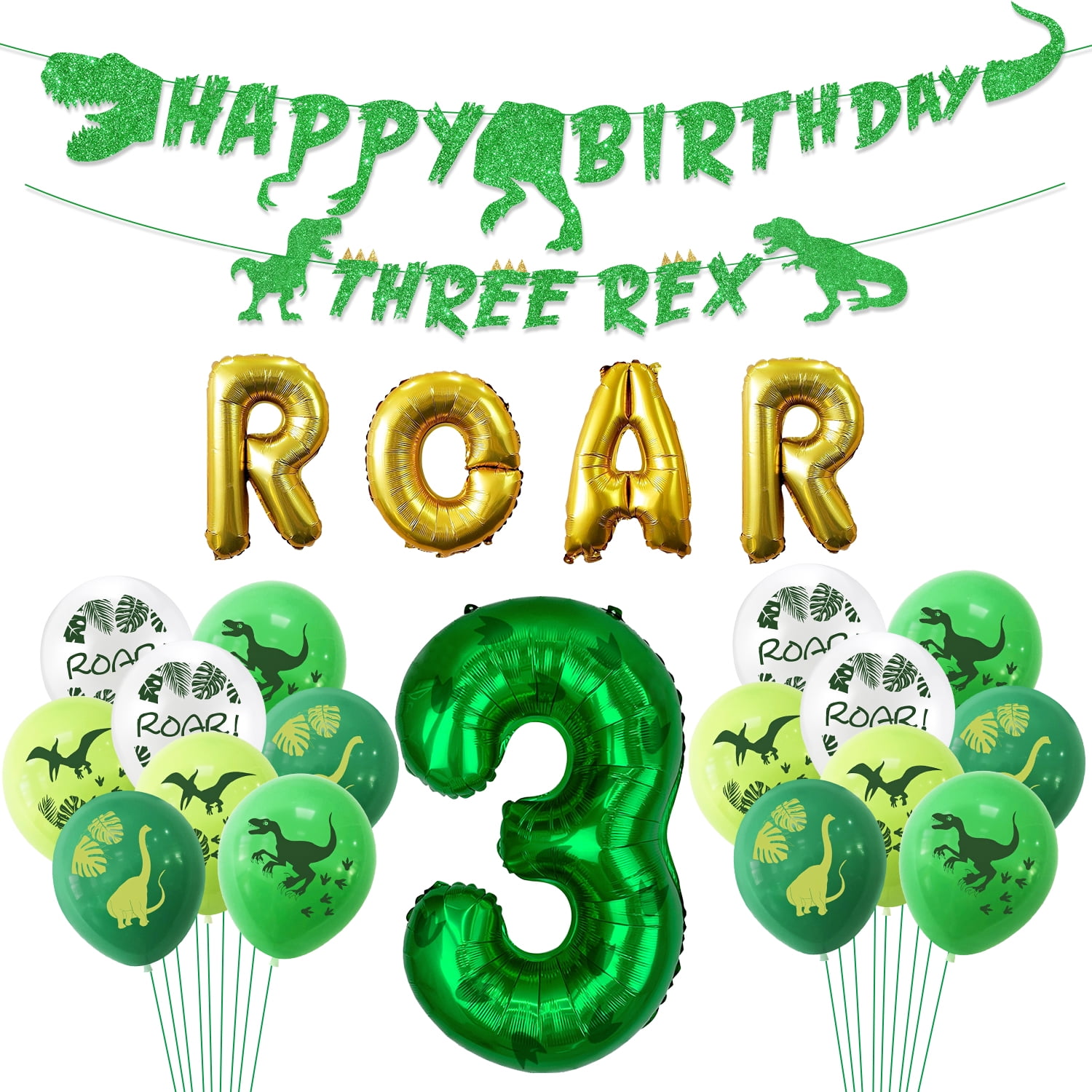 Drei Rex Dinosaurier Banner Für 3. Geburtstag – Grüne Glitzer-Girlande Mit T-Rex Motiven