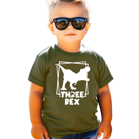 Three Rex Square T-Rex Dinosaur 3rd Birthday Shirts for Baby Toddler & Youth Boys & Girls White on Military Green Shirt 4T