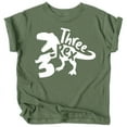 thumbnail image 1 of Three Rex T-Rex Chomp 3rd Birthday T-Shirts for Baby Girls and Boys Third Birthday Outfit White on Military Green Shirt 4T, 1 of 2