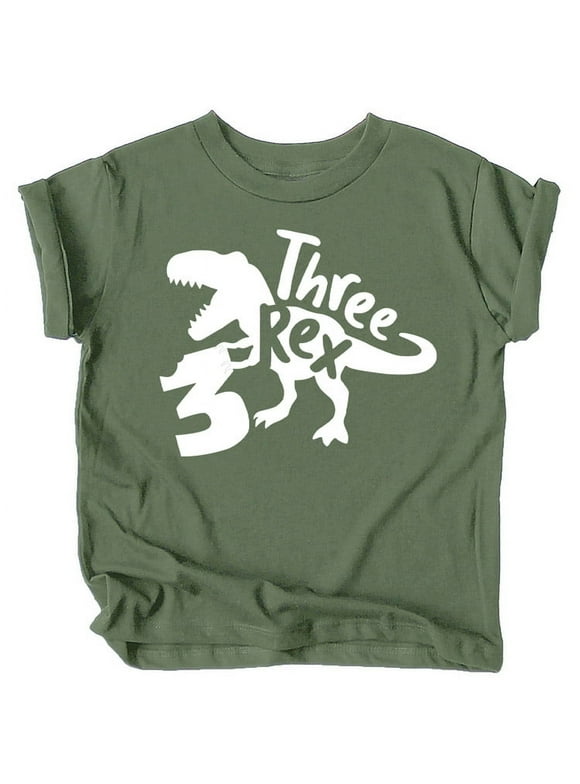 Three Rex T-Rex Chomp 3rd Birthday T-Shirts for Baby Girls and Boys Third Birthday Outfit White on Military Green Shirt 4T